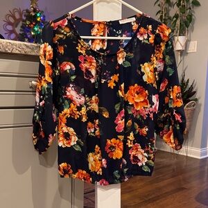 A'gaci Floral Blouse- 3 Quarter Sleeve- Navy and Orange